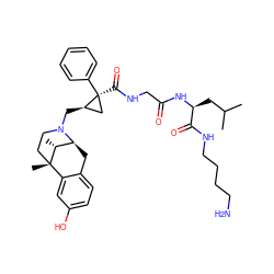 CC(C)C[C@H](NC(=O)CNC(=O)[C@]1(c2ccccc2)C[C@H]1CN1CC[C@@]2(C)c3cc(O)ccc3C[C@H]1[C@H]2C)C(=O)NCCCCN ZINC000100861422