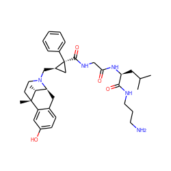 CC(C)C[C@H](NC(=O)CNC(=O)[C@]1(c2ccccc2)C[C@H]1CN1CC[C@@]2(C)c3cc(O)ccc3C[C@H]1[C@H]2C)C(=O)NCCCN ZINC000100861371