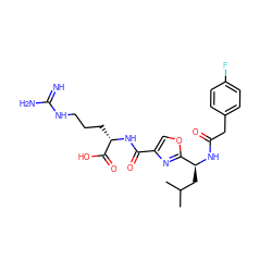 CC(C)C[C@H](NC(=O)Cc1ccc(F)cc1)c1nc(C(=O)N[C@@H](CCCNC(=N)N)C(=O)O)co1 ZINC000653748827