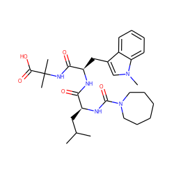 CC(C)C[C@H](NC(=O)N1CCCCCC1)C(=O)N[C@H](Cc1cn(C)c2ccccc12)C(=O)NC(C)(C)C(=O)O ZINC000028004145