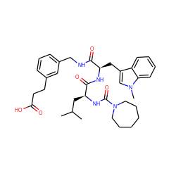 CC(C)C[C@H](NC(=O)N1CCCCCC1)C(=O)N[C@H](Cc1cn(C)c2ccccc12)C(=O)NCc1cccc(CCC(=O)O)c1 ZINC000028008284