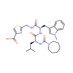 CC(C)C[C@H](NC(=O)N1CCCCCC1)C(=O)N[C@H](Cc1cn(C)c2ccccc12)C(=O)NCc1nc(C(=O)O)cs1 ZINC000028006722