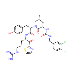 CC(C)C[C@H](NC(=O)NCc1ccc(Cl)c(Cl)c1)C(=O)N[C@@H](Cc1ccc(O)cc1)C(=O)N[C@@H](CCCNC(=N)N)C(=O)c1nccs1 ZINC000034689246