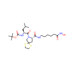 CC(C)C[C@H](NC(=O)OC(C)(C)C)C(=O)N1CC2(C[C@H]1C(=O)NCCCCCC(=O)NO)SCCS2 ZINC000072126930