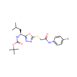 CC(C)C[C@H](NC(=O)OC(C)(C)C)c1nnc(SCC(=O)Nc2ccc(Br)cc2)o1 ZINC000002337419