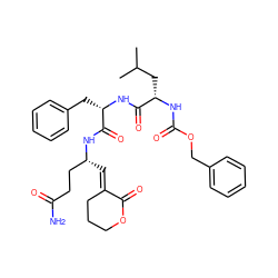 CC(C)C[C@H](NC(=O)OCc1ccccc1)C(=O)N[C@@H](Cc1ccccc1)C(=O)N[C@H](/C=C1\CCCOC1=O)CCC(N)=O ZINC000026717953