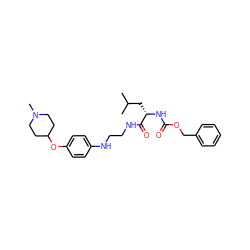 CC(C)C[C@H](NC(=O)OCc1ccccc1)C(=O)NCCNc1ccc(OC2CCN(C)CC2)cc1 ZINC000013490291