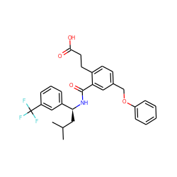 CC(C)C[C@H](NC(=O)c1cc(COc2ccccc2)ccc1CCC(=O)O)c1cccc(C(F)(F)F)c1 ZINC000045374950