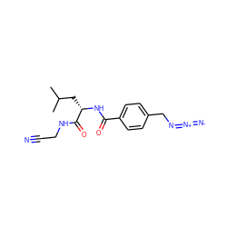 CC(C)C[C@H](NC(=O)c1ccc(CN=[N+]=[N-])cc1)C(=O)NCC#N ZINC000299841210