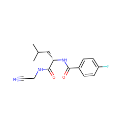 CC(C)C[C@H](NC(=O)c1ccc(F)cc1)C(=O)NCC#N ZINC000082061227