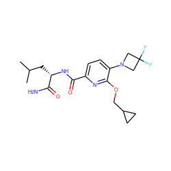 CC(C)C[C@H](NC(=O)c1ccc(N2CC(F)(F)C2)c(OCC2CC2)n1)C(N)=O ZINC000207732535