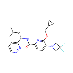 CC(C)C[C@H](NC(=O)c1ccc(N2CC(F)(F)C2)c(OCC2CC2)n1)c1cccnn1 ZINC000207739228