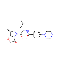 CC(C)C[C@H](NC(=O)c1ccc(N2CCN(C)CC2)cc1)C(=O)N1C[C@H](C)[C@H]2OCC(=O)[C@H]21 ZINC000096170016