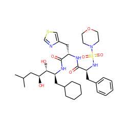 CC(C)C[C@H](O)[C@H](O)[C@H](CC1CCCCC1)NC(=O)[C@H](Cc1cscn1)NC(=O)[C@H](Cc1ccccc1)NS(=O)(=O)N1CCOCC1 ZINC000026569318