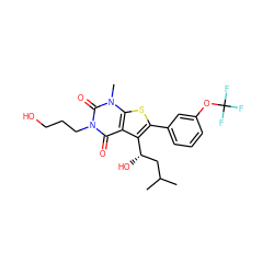 CC(C)C[C@H](O)c1c(-c2cccc(OC(F)(F)F)c2)sc2c1c(=O)n(CCCO)c(=O)n2C ZINC001772615090