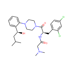 CC(C)C[C@H](O)c1ccccc1N1CCN(C(=O)[C@@H](Cc2ccc(Cl)cc2Cl)NC(=O)CN(C)C)CC1 ZINC000044352639