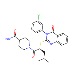 CC(C)C[C@H](Sc1nc2ccccc2c(=O)n1-c1cccc(Cl)c1)C(=O)N1CCC(C(N)=O)CC1 ZINC000040862444