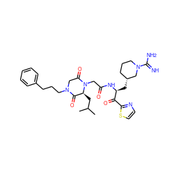 CC(C)C[C@H]1C(=O)N(CCCc2ccccc2)CC(=O)N1CC(=O)N[C@@H](C[C@@H]1CCCN(C(=N)N)C1)C(=O)c1nccs1 ZINC000026502967