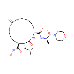 CC(C)C[C@H]1C(=O)N[C@H](C(=O)N[C@H](C)C(=O)N2CCOCC2)CCCCNC(=O)OCCC[C@@H]1C(=O)NO ZINC000026579642