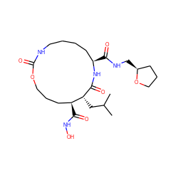 CC(C)C[C@H]1C(=O)N[C@H](C(=O)NC[C@H]2CCCO2)CCCCNC(=O)OCCC[C@@H]1C(=O)NO ZINC000026579522