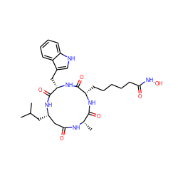 CC(C)C[C@H]1CC(=O)N[C@@H](C)C(=O)N[C@@H](CCCCCC(=O)NO)C(=O)N[C@@H](Cc2c[nH]c3ccccc23)C(=O)N1 ZINC000049745149