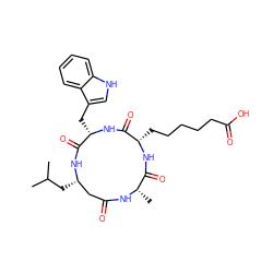 CC(C)C[C@H]1CC(=O)N[C@@H](C)C(=O)N[C@@H](CCCCCC(=O)O)C(=O)N[C@@H](Cc2c[nH]c3ccccc23)C(=O)N1 ZINC000049694555