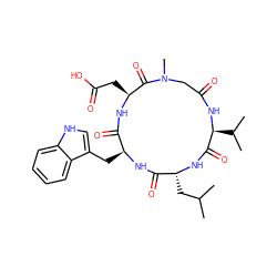 CC(C)C[C@H]1NC(=O)[C@H](C(C)C)NC(=O)CN(C)C(=O)[C@H](CC(=O)O)NC(=O)[C@H](Cc2c[nH]c3ccccc23)NC1=O ZINC000027426740