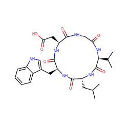 CC(C)C[C@H]1NC(=O)[C@H](C(C)C)NC(=O)CNC(=O)[C@H](CC(=O)O)NC(=O)[C@H](Cc2c[nH]c3ccccc23)NC1=O ZINC000027430777
