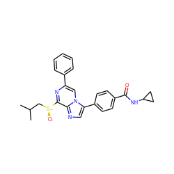 CC(C)C[S@+]([O-])c1nc(-c2ccccc2)cn2c(-c3ccc(C(=O)NC4CC4)cc3)cnc12 ZINC000118749701