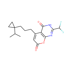 CC(C)C1(CCCc2cc(=O)oc3nc(C(F)F)[nH]c(=O)c23)CC1 ZINC000066076597