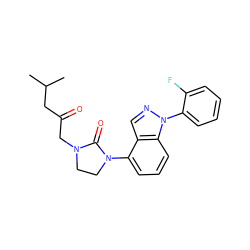 CC(C)CC(=O)CN1CCN(c2cccc3c2cnn3-c2ccccc2F)C1=O ZINC000653850850