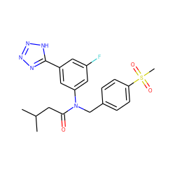 CC(C)CC(=O)N(Cc1ccc(S(C)(=O)=O)cc1)c1cc(F)cc(-c2nnn[nH]2)c1 ZINC000084706957