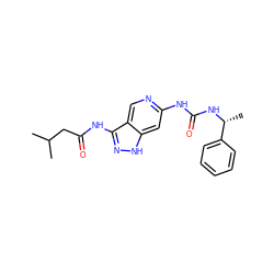 CC(C)CC(=O)Nc1n[nH]c2cc(NC(=O)N[C@H](C)c3ccccc3)ncc12 ZINC001772593476