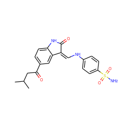 CC(C)CC(=O)c1ccc2c(c1)/C(=C/Nc1ccc(S(N)(=O)=O)cc1)C(=O)N2 ZINC000013470458