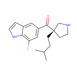 CC(C)CC[C@]1(C(=O)c2cc(F)c3[nH]ccc3c2)CCNC1 ZINC000058581761