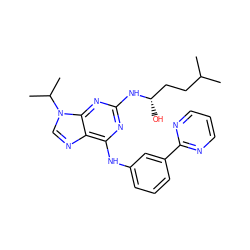 CC(C)CC[C@H](O)Nc1nc(Nc2cccc(-c3ncccn3)c2)c2ncn(C(C)C)c2n1 ZINC000103186817