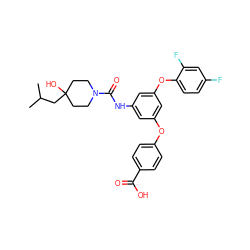 CC(C)CC1(O)CCN(C(=O)Nc2cc(Oc3ccc(C(=O)O)cc3)cc(Oc3ccc(F)cc3F)c2)CC1 ZINC000224427552