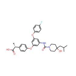 CC(C)CC1(O)CCN(C(=O)Nc2cc(Oc3ccc(F)cc3)cc(Oc3ccc([C@@H](C)C(=O)O)cc3)c2)CC1 ZINC000224442906