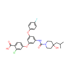 CC(C)CC1(O)CCN(C(=O)Nc2cc(Oc3ccc(F)cc3)cc(Oc3ccc(C(=O)O)c(Cl)c3)c2)CC1 ZINC000224419977