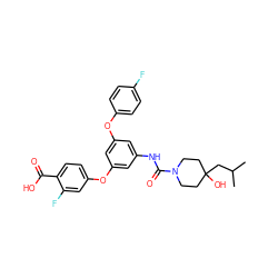 CC(C)CC1(O)CCN(C(=O)Nc2cc(Oc3ccc(F)cc3)cc(Oc3ccc(C(=O)O)c(F)c3)c2)CC1 ZINC000653715977