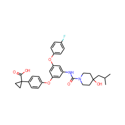 CC(C)CC1(O)CCN(C(=O)Nc2cc(Oc3ccc(F)cc3)cc(Oc3ccc(C4(C(=O)O)CC4)cc3)c2)CC1 ZINC000220667255