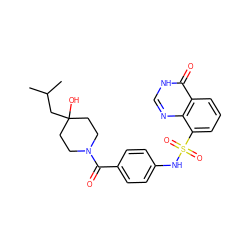 CC(C)CC1(O)CCN(C(=O)c2ccc(NS(=O)(=O)c3cccc4c(=O)[nH]cnc34)cc2)CC1 ZINC000217622195