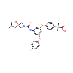 CC(C)CC1(O)CN(C(=O)Nc2cc(Oc3ccc(F)cc3)cc(Oc3ccc(C(C)(C)C(=O)O)cc3)c2)C1 ZINC000205283287