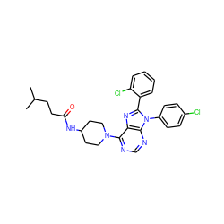 CC(C)CCC(=O)NC1CCN(c2ncnc3c2nc(-c2ccccc2Cl)n3-c2ccc(Cl)cc2)CC1 ZINC000096937556