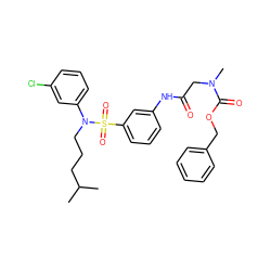 CC(C)CCCN(c1cccc(Cl)c1)S(=O)(=O)c1cccc(NC(=O)CN(C)C(=O)OCc2ccccc2)c1 ZINC000006733293