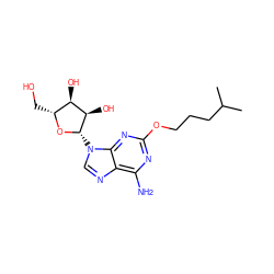 CC(C)CCCOc1nc(N)c2ncn([C@@H]3O[C@H](CO)[C@@H](O)[C@H]3O)c2n1 ZINC000013815054