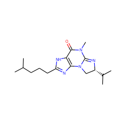 CC(C)CCCc1nc2c([nH]1)C(=O)N(C)C1=N[C@H](C(C)C)CN12 ZINC000003916031