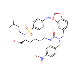 CC(C)CCN([C@H](CO)CCCCNC(=O)N(Cc1ccc([N+](=O)[O-])cc1)Cc1ccc2c(c1)OCO2)S(=O)(=O)c1ccc(N)cc1 ZINC000028363518