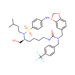 CC(C)CCN([C@H](CO)CCCCNC(=O)N(Cc1ccc(C(F)(F)F)cc1)Cc1ccc2c(c1)OCO2)S(=O)(=O)c1ccc(N)cc1 ZINC000028356725