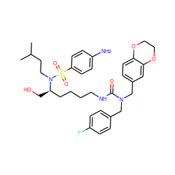 CC(C)CCN([C@H](CO)CCCCNC(=O)N(Cc1ccc(F)cc1)Cc1ccc2c(c1)OCCO2)S(=O)(=O)c1ccc(N)cc1 ZINC000028368454